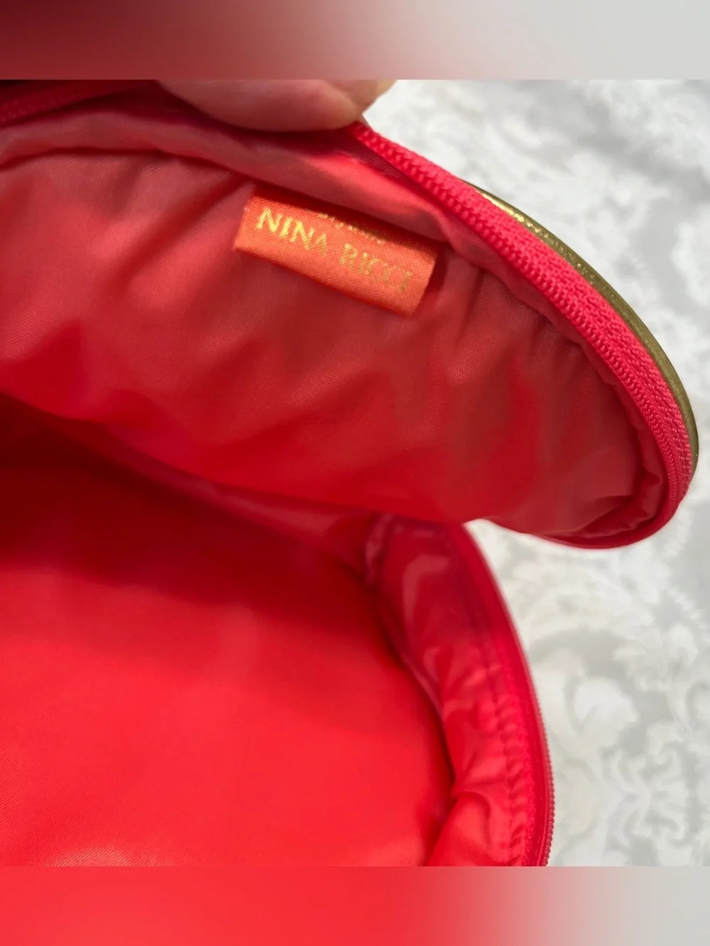 Nina Ricci Cosmetics Pouch in Coral with Gold Trim